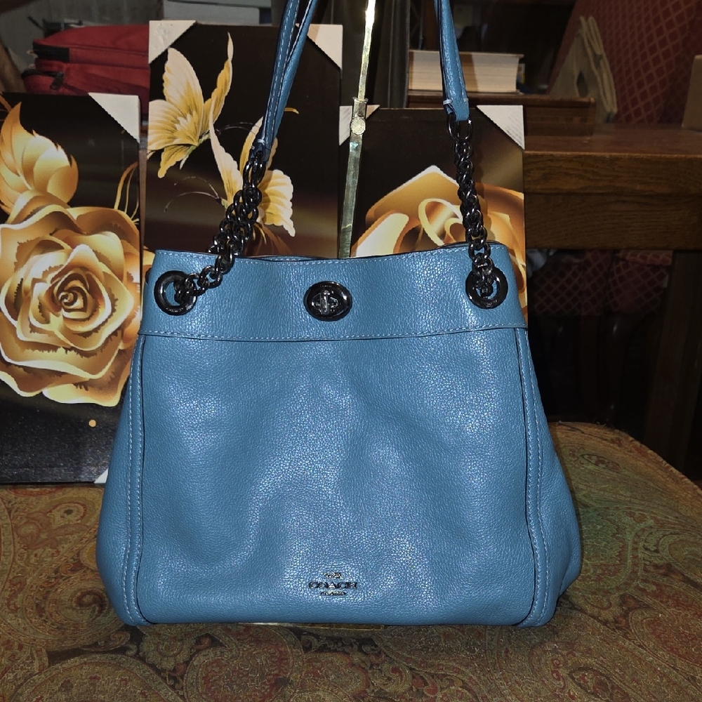 Coach Edie Turnlock 36855 2018 Blue Leather Shoulderbag EUC